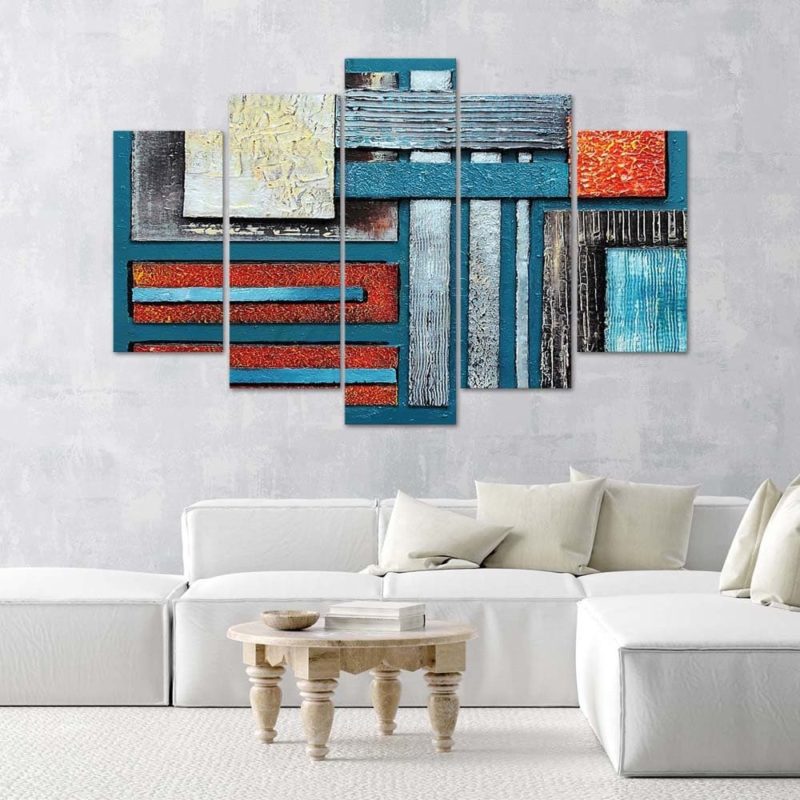 Tableau abstrait forme couleur bleu en 5 parties