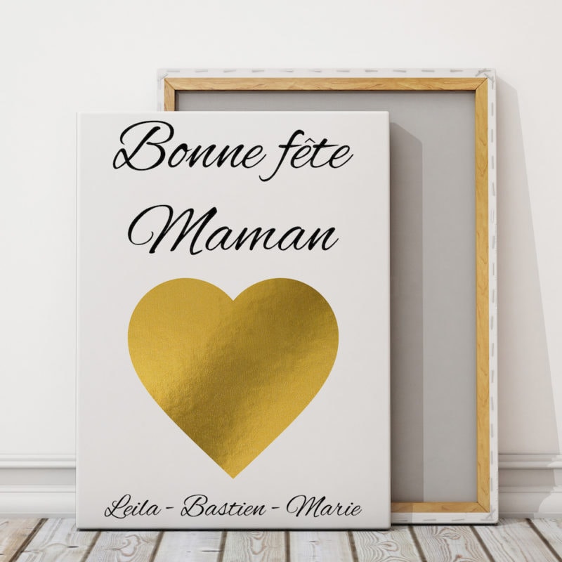 toile bonne fete maman avec coeur en or et prénom personnalisable