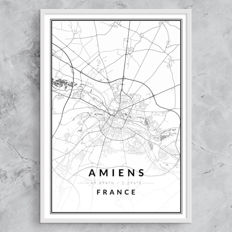 poster ville carte Amiens, décoration minimaliste en noir et blanc